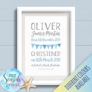 Personalised Baby Boys Typographic Christening Print with Bunting