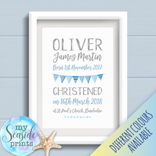 Personalised Baby Boys Typographic Christening Print with Bunting