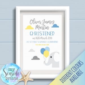 personalised boys christening print with elephant and balloons