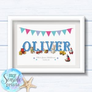Personalised Boy's Nursery or New Baby Print - Name with vintage style toys