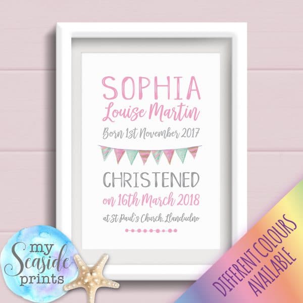 Personalised Baby Girls Typographic Christening Print with Bunting