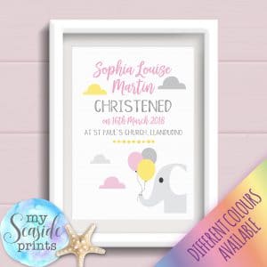 Baby Girls Christening Print with elephant and balloons
