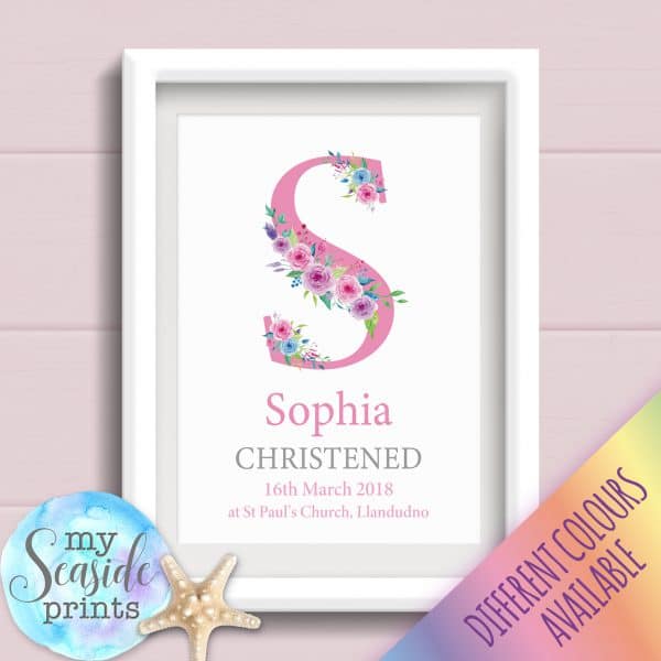 Personalised Girls Initial Christening Gift Print with Flowers