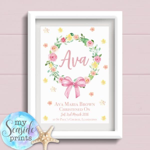 Personalised Girls Christening Print with flowers and bow