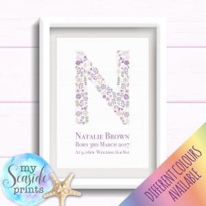 Personalised Girls Nursery or New Baby Art Print - Flower initial
