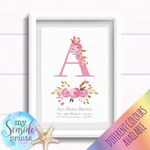 Personalised Girls Nursery Art or New Baby Print - Initial with flowers