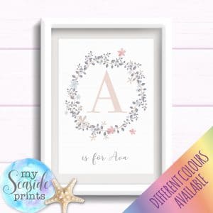 Personalised Girls Nursery Art or New Baby Print - Wreath with initial