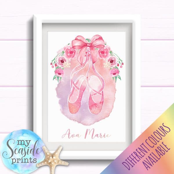 Personalised Girls Nursery or New Baby Print - Ballet shoes with flowers