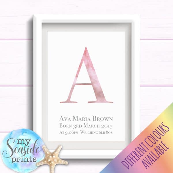 Personalised Girls Nursery or New Baby Typographic Print - Watercolour initial