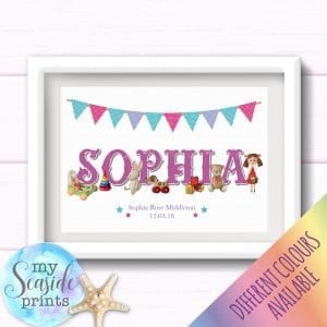 Personalised Girls Nursery or New Baby Name Print with vintage style toys