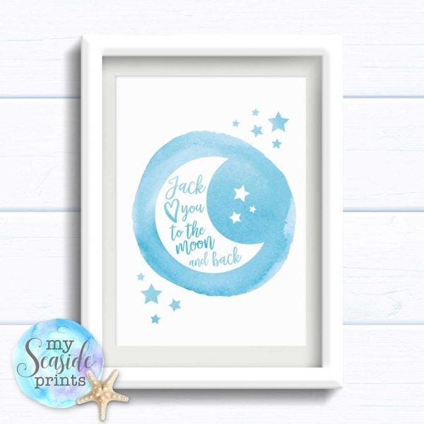 Personalised boys Nursery or New Baby Print - Moon and back in blue