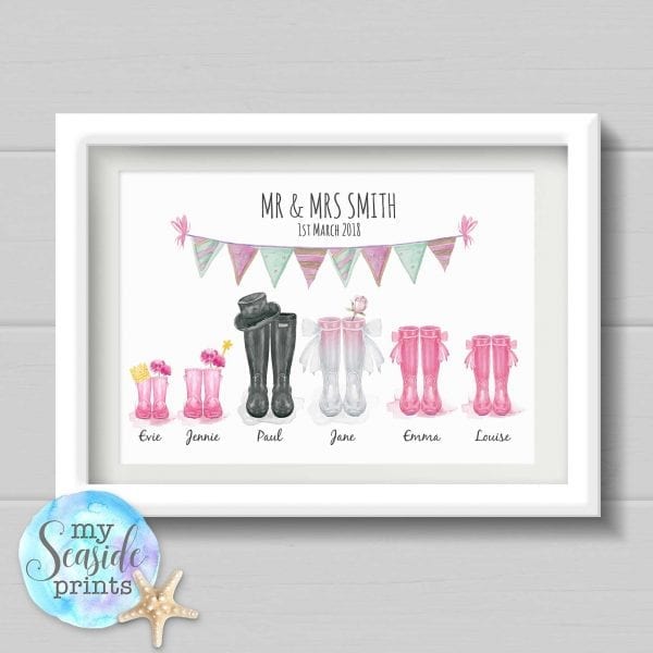 Personalised Wedding Gift with bride groom and bridesmaids welly boots