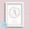 Personalised Print - Girls Christening Gift with grey Flower Wreath and initial