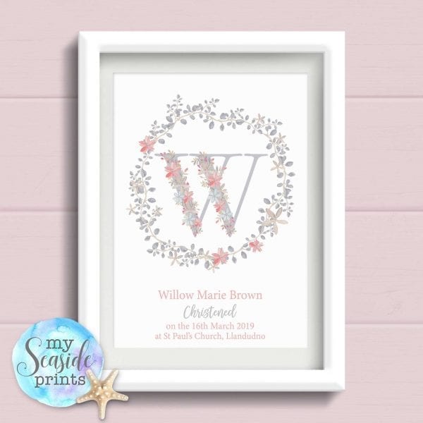 Personalised Print - Girls Christening Gift with grey Flower Wreath and initial
