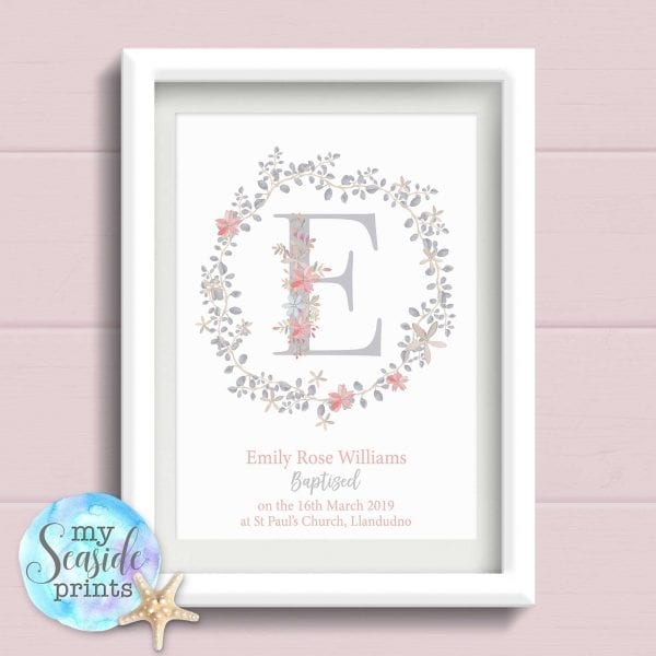 Personalised Print - Girls Christening Gift with grey Flower Wreath and initial
