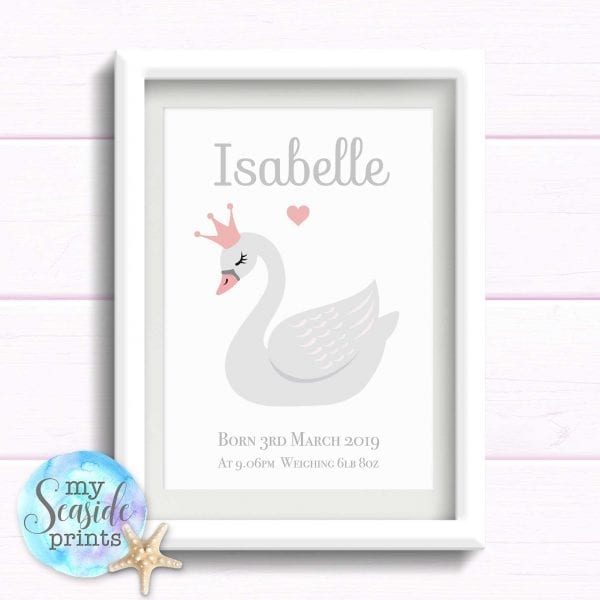 Personalised Girls Nursery Print or New Baby Print - Swan princess