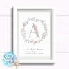 Personalised Girls Nursery Art Print or New Baby Print - Flower wreath with initial and flowers
