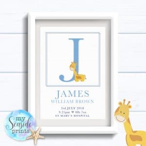 Personalised Boy's Nursery Print or New Baby Gift - Initial with giraffe