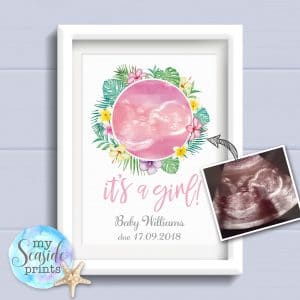 Personalised Watercolour Baby Scan Print - it's a girl with tropical flowers