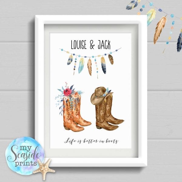 cowboy boots personalised print for couple. life is better in boots