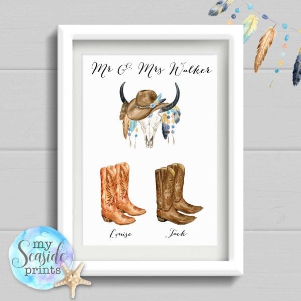 cowboy boots personalised print for couple. mr and mrs with skull