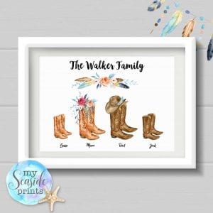 Family cowboy boots personalised print for country music lovers with feathers cowboy hat and flowers
