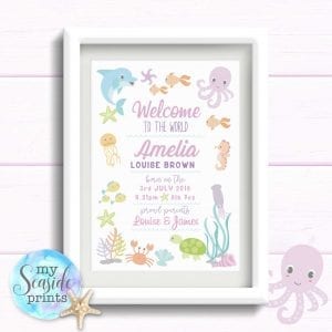 girls nursery or new baby girl print for gift under the sea theme seahorse dolphin