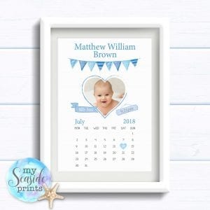 Personalised Boy's Nursery Art Print or New Baby Boy Gift - Hello World calendar with Photo