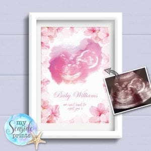 Personalised Watercolour Baby Scan Art Print with pretty flowers for Baby Shower Gift
