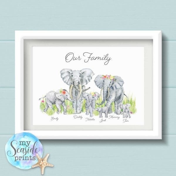 Elephant Family Personalised Print. Bespoke Family Wall Art. Animal Family Picture with Elephants, surname and names. Housewarming gift