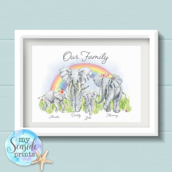 Elephant Family Personalised Print. Bespoke Family Wall Art. Animal Family Picture with Elephants, rainbow, surname and names. Housewarming gift