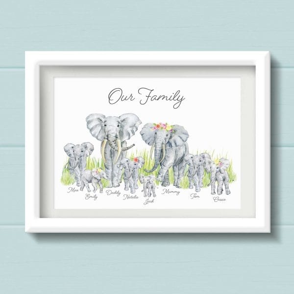 Elephant Family Personalised Print. Bespoke Family Wall Art. Animal Family Picture with Elephants, surname and names. Housewarming gift