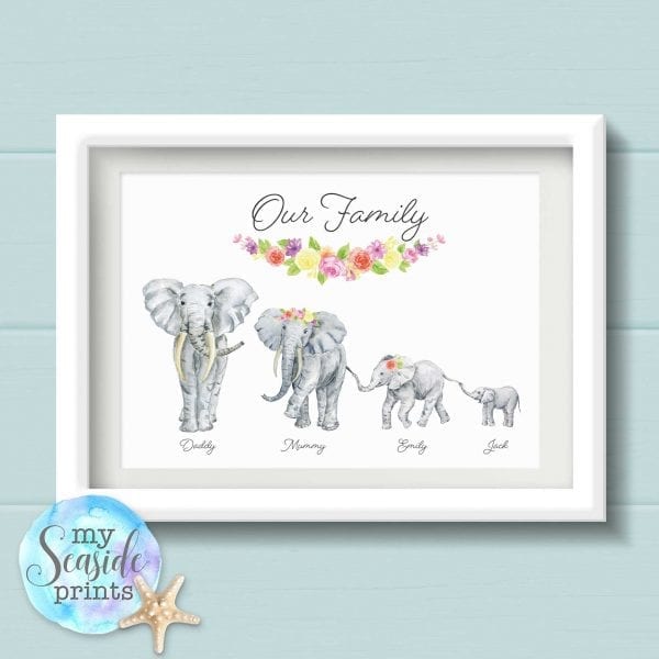 Personalised Elephant Family Art Print with flower banner