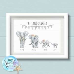 Personalised Elephant Family Print with Bunting wall art