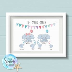 Personalised Cartoon Elephant Family Print with Surname and Bunting