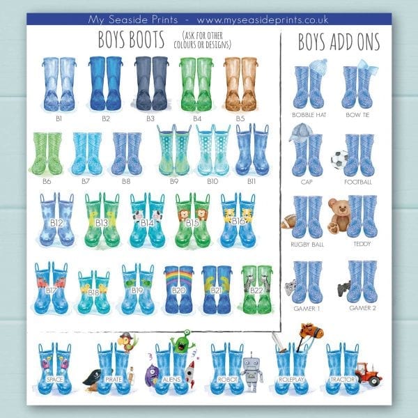 boys welly boot options for family welly boot prints. Add ons include, cap, football, rocket, aliens, tractor, lion, stars, monkey, dinosaur, cow, pirate, trains, turtle, rainbow, zebra
