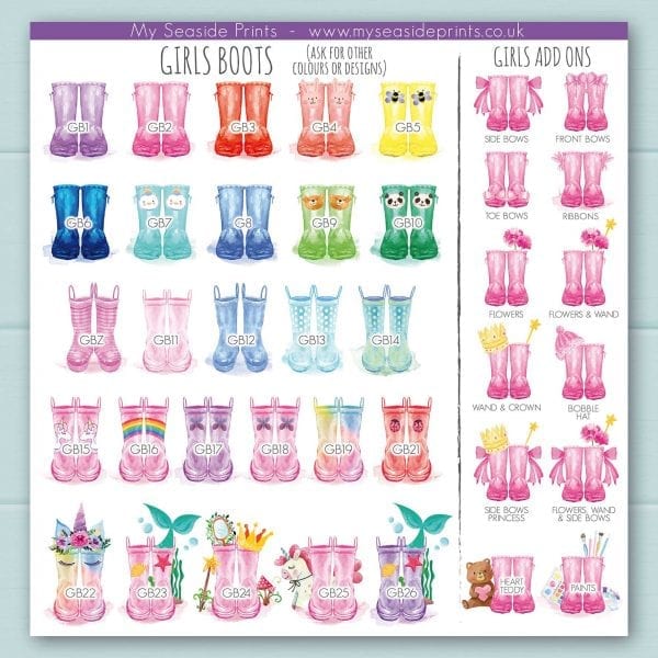 girls welly boot options for family welly boot prints. Add ons include mermaid, unicorn, princess, rainbow, butterfly, painting