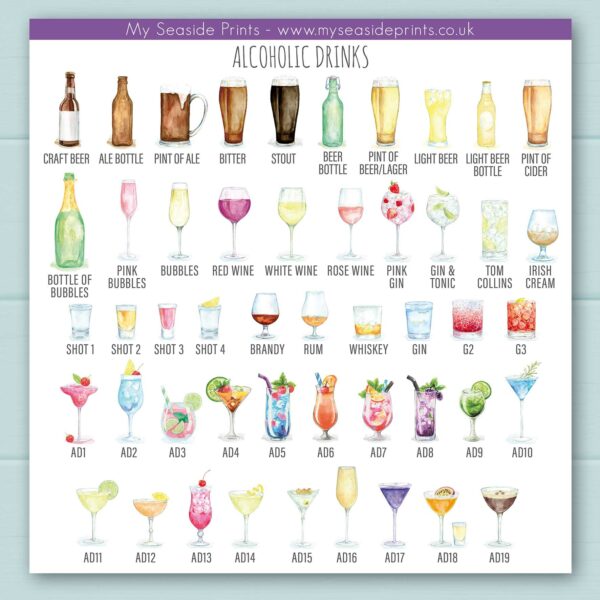 Alcoholic drinks choices include pink gin, gin and tonic, stout, ale, beer, bitter, prosecco, champagne, red wine, white wine, rose wine, cocktails, shots, tequila, brandy, rum, whiskey and gin.