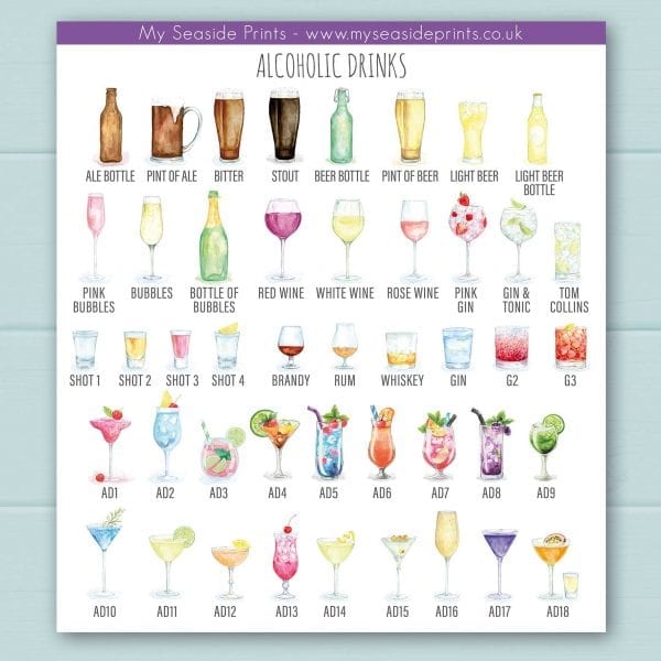 Alcoholic drinks choices include pink gin, gin and tonic, stout, ale, beer, bitter, prosecco, champagne, red wine, white wine, rose wine, cocktails, shots, tequila, brandy, passion fruit martini, rum, whiskey and gin.