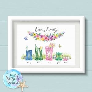 Personalised Family Print with Welly Boots, flower and grass