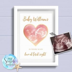 Personalised Baby Scan Heart Print in pink and gold