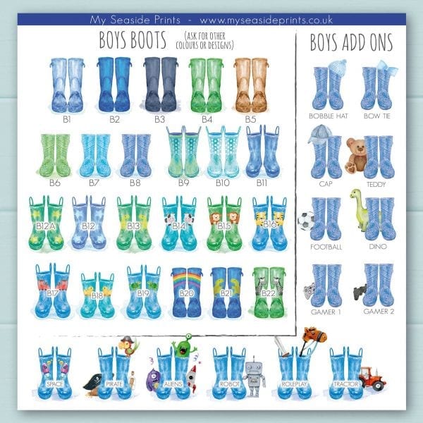 boys welly boot options for family welly boot prints. Add ons inlucde, cap, football, rocket, aliens, tractor, lion, stars, monkey, dinosaur, cow, pirate, trains, turtle, rainbow, zebra