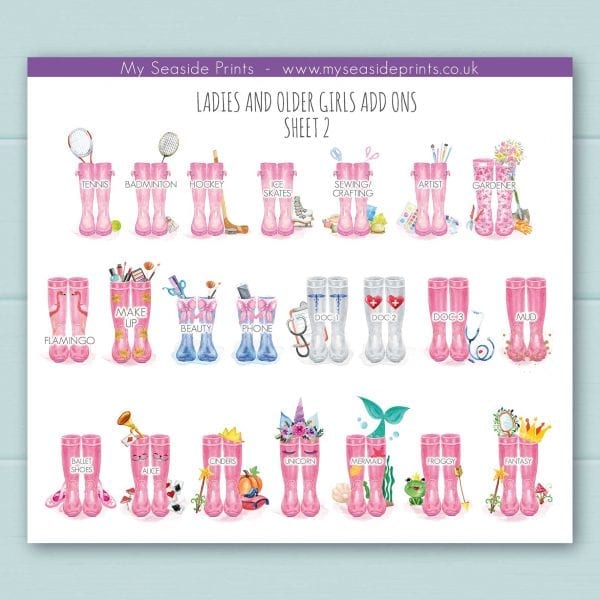 extra ladies welly boot options for family welly boot prints. Add ons include tennis, hockey, nurse, doctor, mermaid, unicorn, princess, beauty, nails