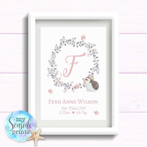 Gift for Baby Girl. Personalised Pink and Grey Flower Wreath and initial with cute hedgehog. Bespoke print for girls birthday. Newborn baby.