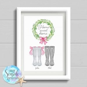 Home Sweet Home Personalised Housewarming Print. Welly Boot New Home Gift. Family home wall art. Moving In Present. Moving House Gift.