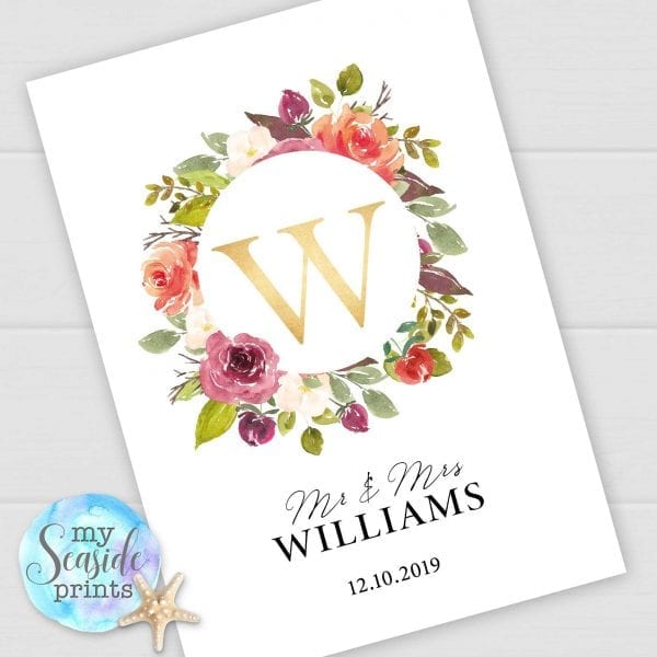 Personalised Wedding Gift with surname and date. Watercolour flowers and foliage Anniversary Print with gold initial. Wedding Present.
