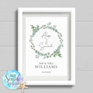 Personalised Wedding Gift with Eucalyptus foliage wreath. Modern Anniversary Print with names and date. Wedding or Anniversary Present.