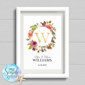 Personalised Wedding Gift with surname and date. Watercolour flowers and foliage Anniversary Print with gold initial. Wedding Present.