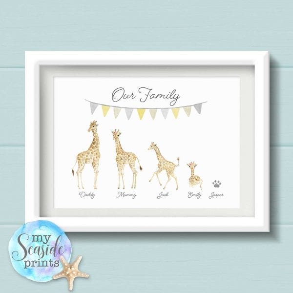 giraffe family print with bunting