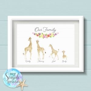 giraffe family print with flower banner